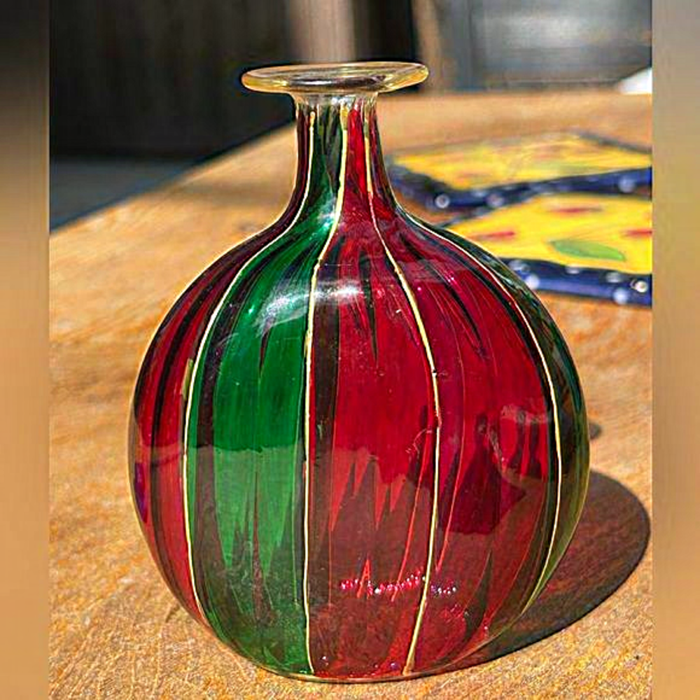 Signed, Soffieria Parise, Red & Green, Italian Hand-Blown Art Glass‎ Bud Vase.